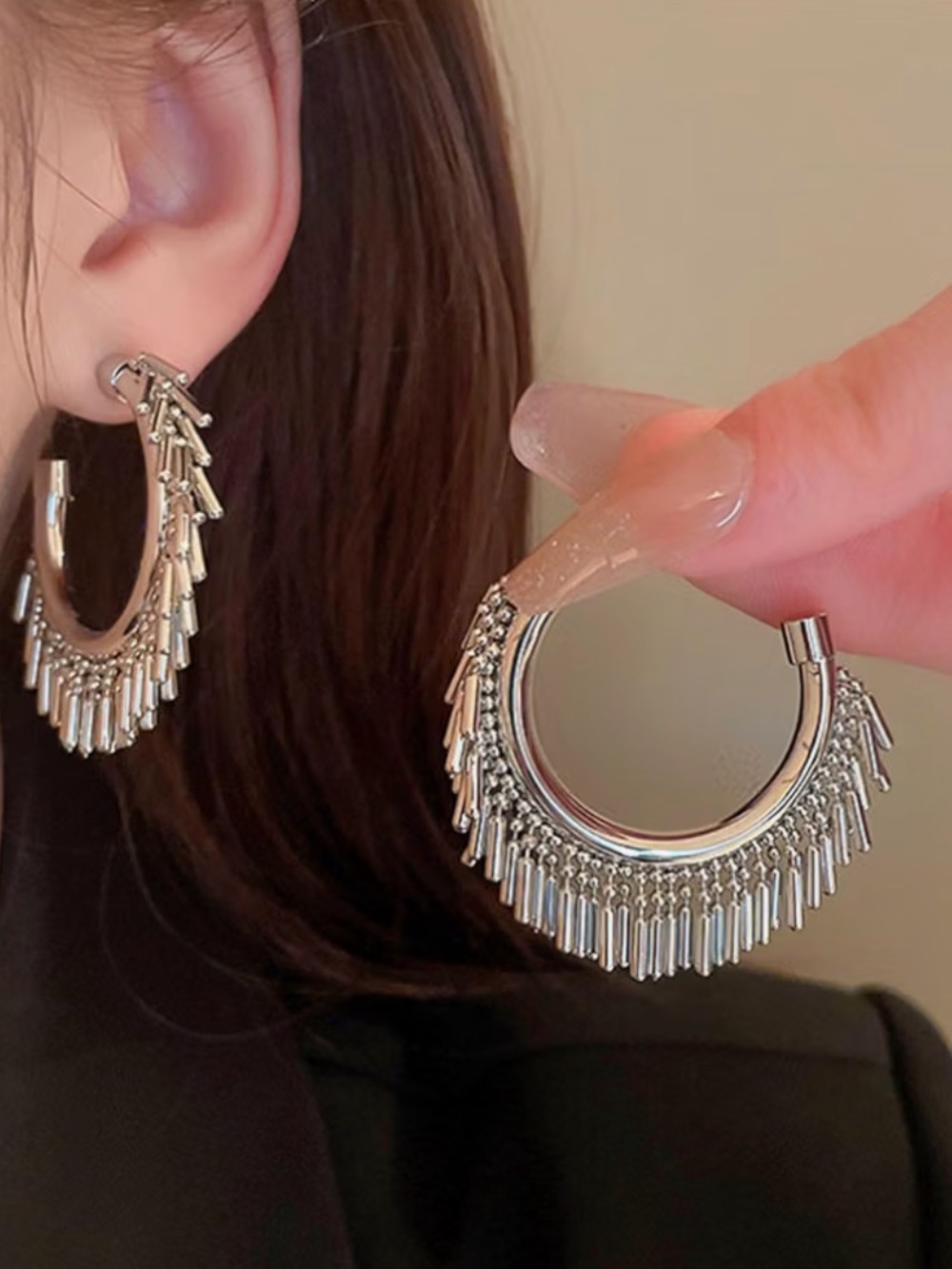 Modern Silver Fringe Hoop Earrings